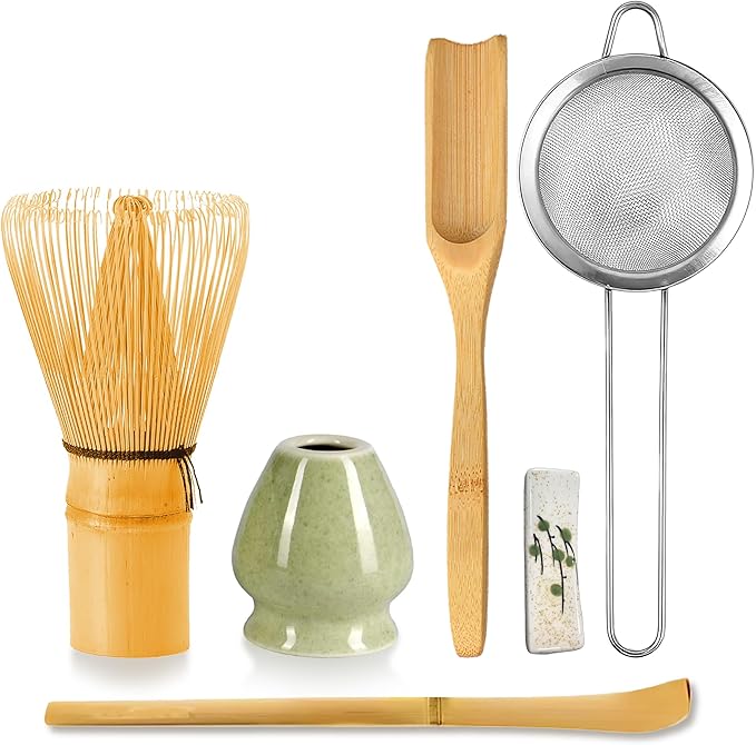 6 Pcs Matcha Whisk Set, Japanese Ceremonial Matcha Making Tools Kit for Bamboo Whisk, Matcha Scoop, Tea Spoon, Ceramic Whisk Holder, Spoon Holder, Powder Sifter - Matcha Green