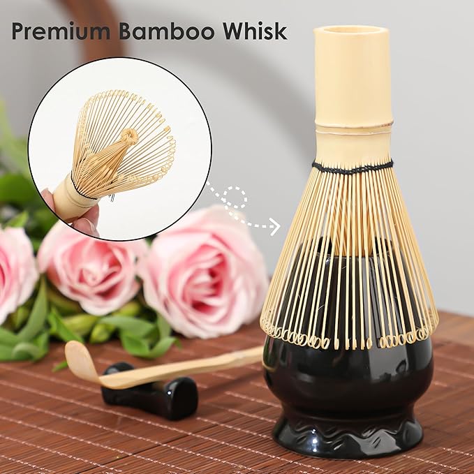 Matcha Whisk Set Matcha Kit - 7 Pcs Japanese Tea Set Includes Matcha Bowl with Spout,Bamboo Whisk with Ceramic Holder,Bamboo Scoop and Rest,Sifter,Tea Towel, for Ceremony Matcha Lovers Gift,Black