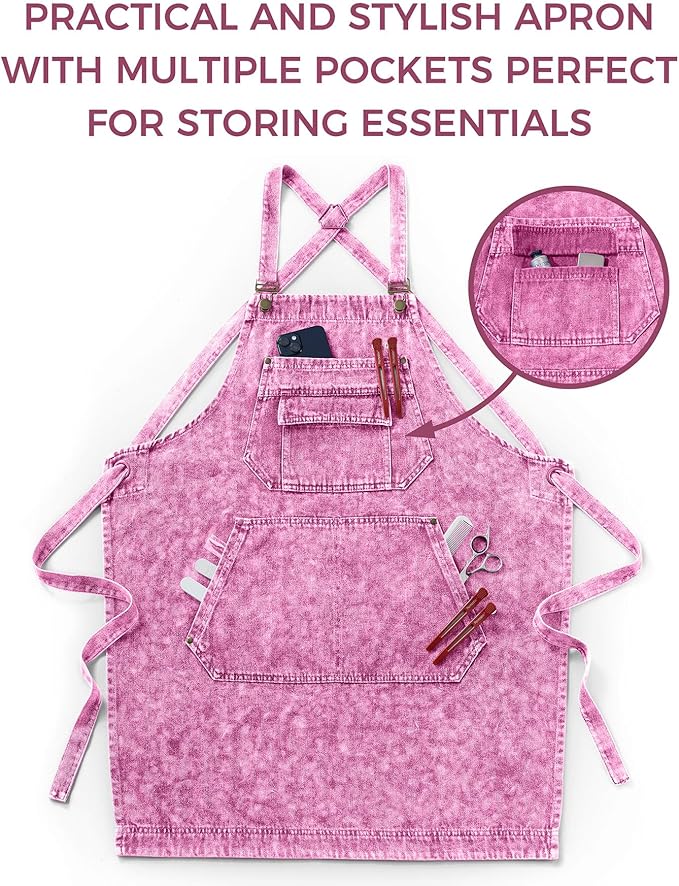 Denim Apron with Pockets for Hair Stylist Gardening Craftsmen Barista Women Hairdresser Jean Work Apron Cross Straps