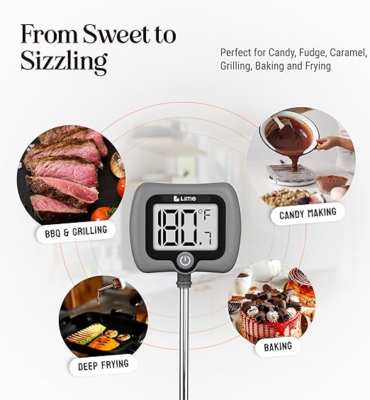 Digital Candy Thermometer with Pot Clip, 10" Long Stainless Steel Probe, Instant Read Kitchen Thermometer for Cooking, Baking, and Candy Making (Grey)