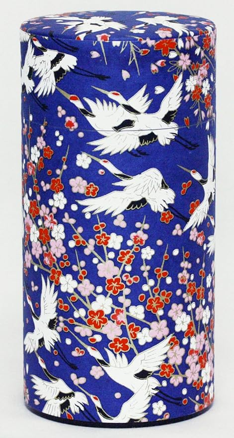 Washi Paper Tea Tin Canister: Long 7oz (200g) Flying Cranes in the Spring (#27), Japan