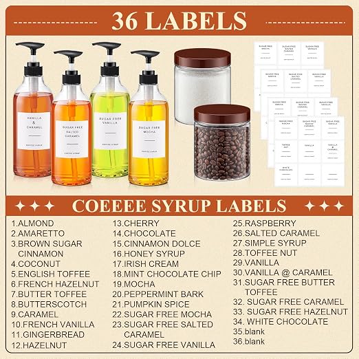9 Pcs Coffee Syrup Dispenser Set 25.4 Oz/750 ml Plastic Coffee Syrup Dispenser Pump Bottle Pet Jar with Lids Gold Spoon and Labels for Home Bar Organization - Image 4