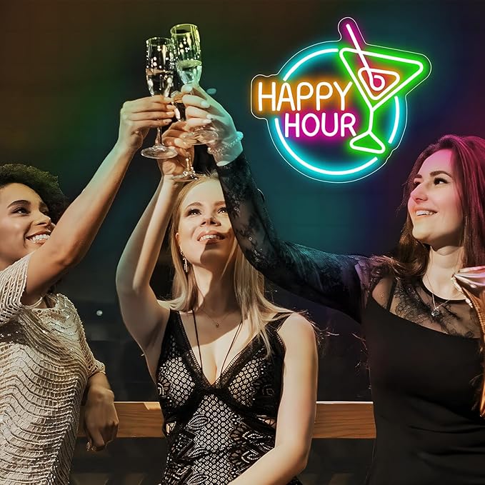 Basaneon Happy Hour Neon Sign Dimmable Led Happy Hour Neon Bar Signs for Home Bar, USB Powered Bright Cocktails Happy Hour Neon Signs for Wall Decor Bar Pub Man Cave Party Art Decor(14.1*12.5inches)