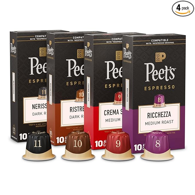 Peet's Coffee, Dark and Medium Roast Espresso Capsules Variety Pack, Compatible with Nespresso Original Machine, 100% Arabica Coffee - Intensity 8-11, 40 Count (4 Boxes of 10 Espresso Capsules)