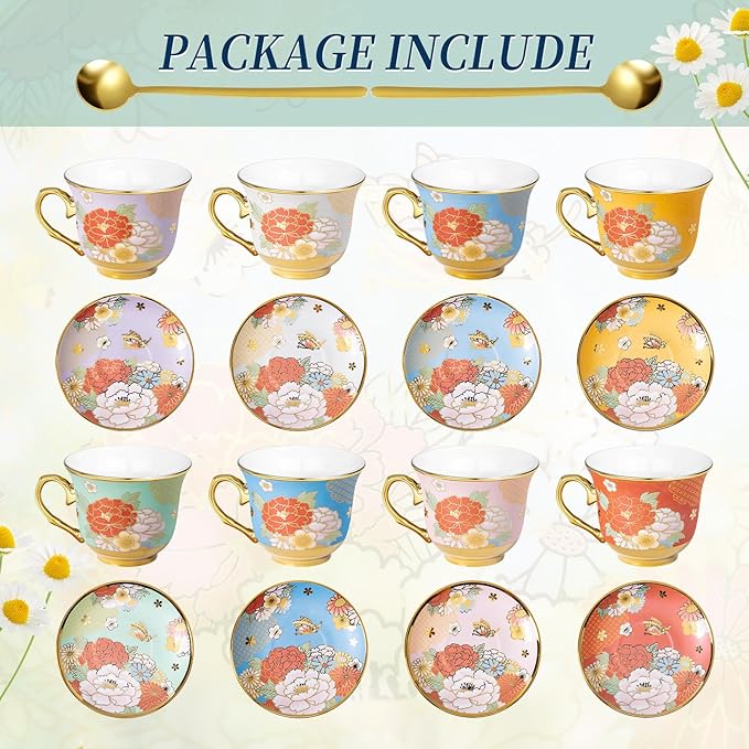 8 Set Tea Cups and Saucers, 8 OZ Floral Porcelain Cup and Saucers Set for Latte Cappuccino Espresso Mocha Afternoon Tea Birthday Wedding Party Supply Housewarming Women Gift