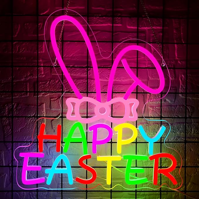 Easter Neon Sign for Wall Decor Dimmable Happy Easter Bunny LED Light Sign Bunny Lamp for Festival Decoration Rabbit Light Festival Decor for Home Shop Party Kids Room Window Size 12.9 * 12.4in(P039)