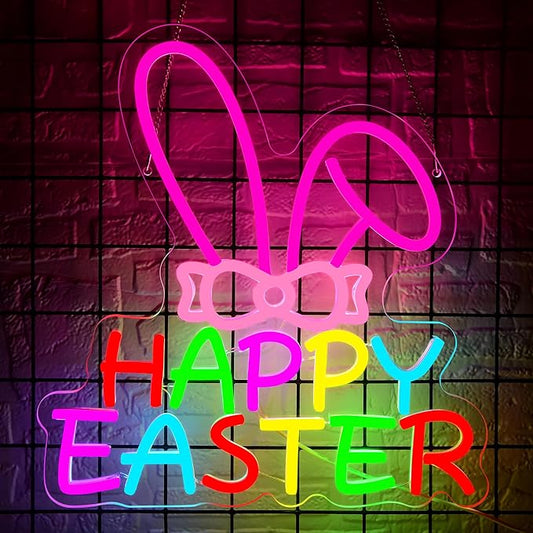 Easter Neon Sign for Wall Decor Dimmable Happy Easter Bunny LED Light Sign Bunny Lamp for Festival Decoration Rabbit Light Festival Decor for Home Shop Party Kids Room Window Size 12.9 * 12.4in(P039)
