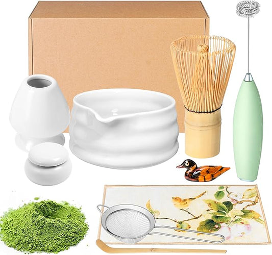 Matcha Whisk Set and Bowl, Matcha Making Kit Whisk, Bowl With Spout, Powder Starter Sifter, Ceramic Whisk Holder, Spoon Japanese Tea Tools For Ceremony Gift (White, 9 Pack)