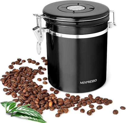 Mixpresso 16 Oz Black Coffee Canister, Stainless Steel Airtight Coffee Container, Air tight Jar Tea Storage with Date Tracker, Vacuum Sealed Espresso Airtight Canister, Sugar Container for Home