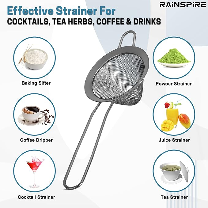 Rainspire Stainless Steel Small Strainer Fine Mesh Strainer, Mini Cocktail Strainer For Cocktails Tea Herbs Coffee & Drinks, Tea Strainer with Handle, Rust Proof, Black