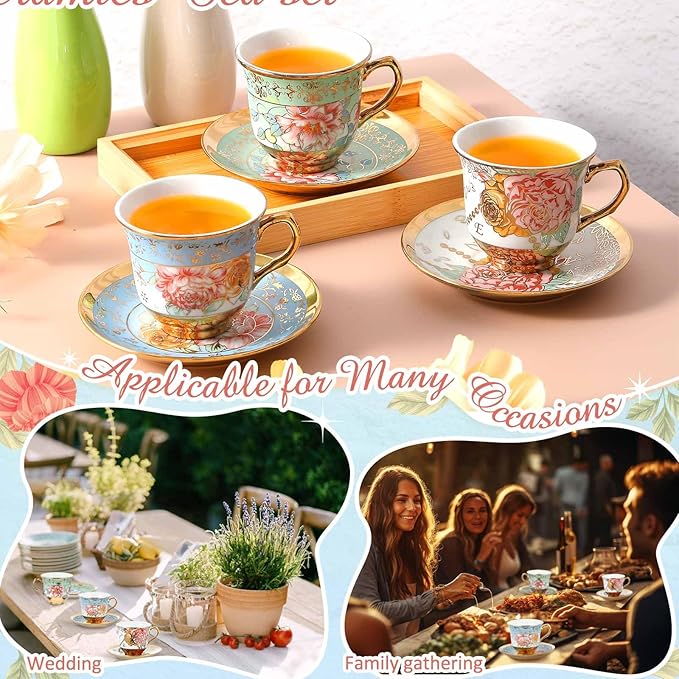 Set of 12 Tea Cups and Saucers Tea Party Decorations Floral Porcelain 5.4 oz British Gift for Women Birthday Party, Church, and Mother's Day (Classic Style)