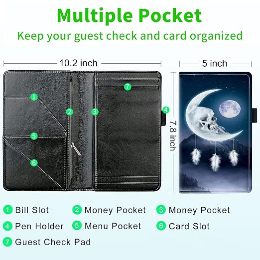 Server Books for Waitress, with 7 Large Pockets, Waiter Serving Book, Waitstaff Server Order Pads, Cute PU Leather Server Book with Pen Holder Fit Server Apron, Moon Skeleton - Image 3