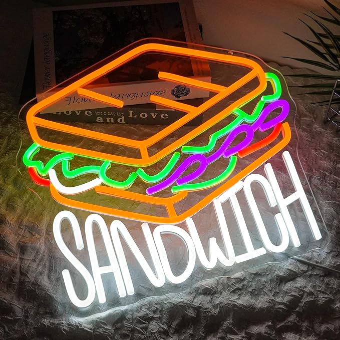 Sandwich Neon Sign Dimmable Food Neon Light Sign for Wall Decor Letters Snacks Led Signs for Home Kitchen Restaurant Store Fast Food Man Cave Bar Party Business Decor Gift 13.8" x 12.6"