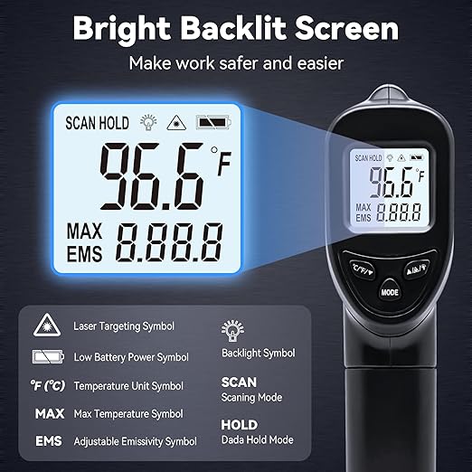 Infrared Thermometer Temperature Gun (NOT for Humans) -58℉~1022℉ (-50℃～550℃) Non-Contact Laser Instant-Read Digital Laser Infrared Ir Thermometer with Backlight(Black)
