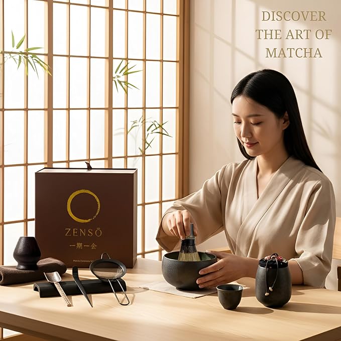 ZENSO Premium Matcha Whisk Set – 10 Piece Japanese Matcha Tea Ceremony Kit | Matcha Bowl, Tea Canister, Purple Bamboo Whisk, Whisk Holder, Sifter, Scoop & Scoop Holder, Tea Cup, Tea Cloth, Tea Spoon