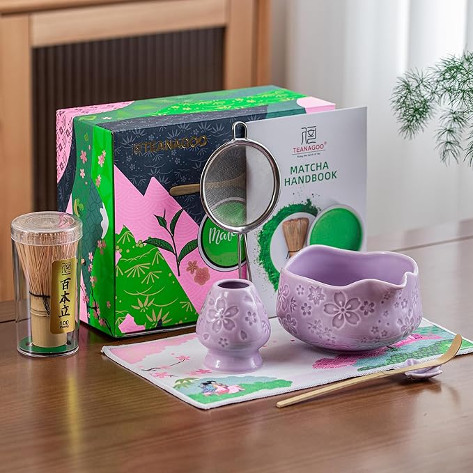 TEANAGOO 7-PCS Purple Matcha Whisk Set with Cherry Blossom Design, Complete Ceremony Kit, Ceramic Chawan Bowl with Spout, Whisk & Accessories, Traditional Matcha Tea Set for Lattes& Gift Giving