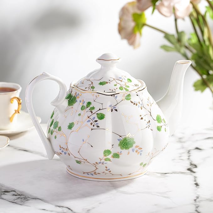 BTaT- Floral Tea Pot, 38 oz, White with Green Roses & Gold Trim, Porcelain Teapot Ceramic, Dishwasher Safe