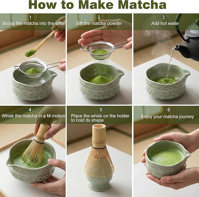 7Pcs Matcha Whisk Set, Ceramic Matcha Bowl with Spout, Bamboo Whisk and Holder,Bamboo Scoop,Scoop Rest,Sifter,Tea Towel,Matcha Kit with Cherry Blossom Carved Patterns (Sakura Green)