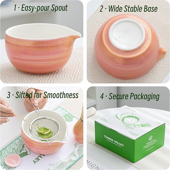 Matcha Whisk Set,7 Pcs Matcha Set Pink,Matcha Kit for Ceremony,480 Ml Ceramic Bowl(chawan) with Spout,Bamboo Whisk(100-prong) and Holder,Tradition Tea Set,Gift for Matcha Lovers