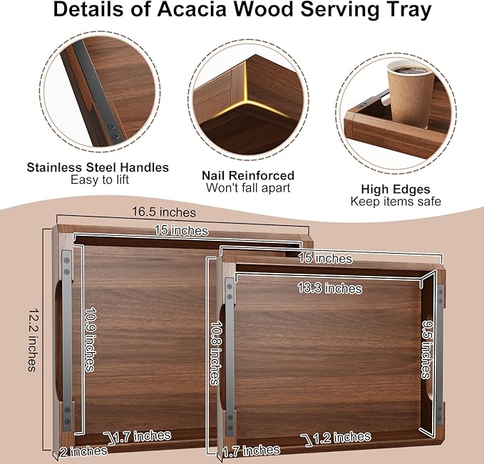 Set of 2 Acacia Wooden Ottoman Tray for Living Room, Wood Serving Tray with Handles, Decorative Coffee Table Trays for Ottoman, Large Serving Platter for Dinner, Breakfast in Bed, Kitchen Counter Top