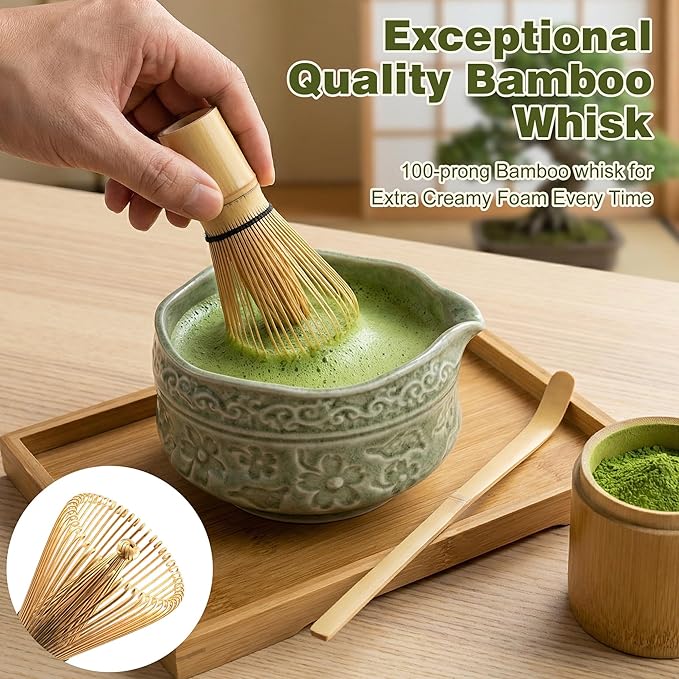 7Pcs Matcha Whisk Set, Ceramic Matcha Bowl with Spout, Bamboo Whisk and Holder,Bamboo Scoop,Scoop Rest,Sifter,Tea Towel,Matcha Kit with Cherry Blossom Carved Patterns (Sakura Green)