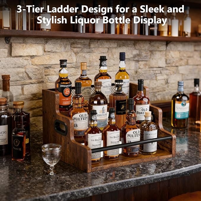 Aduanbang Liquor Bottle Display Shelf, 3 Step Countertop Organizer, Retro Bar Stand for Whiskey, Wine, Spirits (Rustic Brown) - Image 5