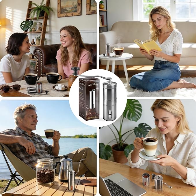 Manual Stainless Steel Coffee Grinder, Portable Conical Burr Hand Crank Grinder for Espresso, Pour Over, French Press & Camping, Quiet Adjustable Grind, Detachable Handle, Travel-Friendly