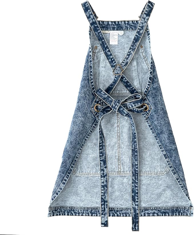 Jeanerlor - Cotton Tool Denim Work Apron with Convenient Pockets for Women Cross Straps & Adjustable(Denim Blue)