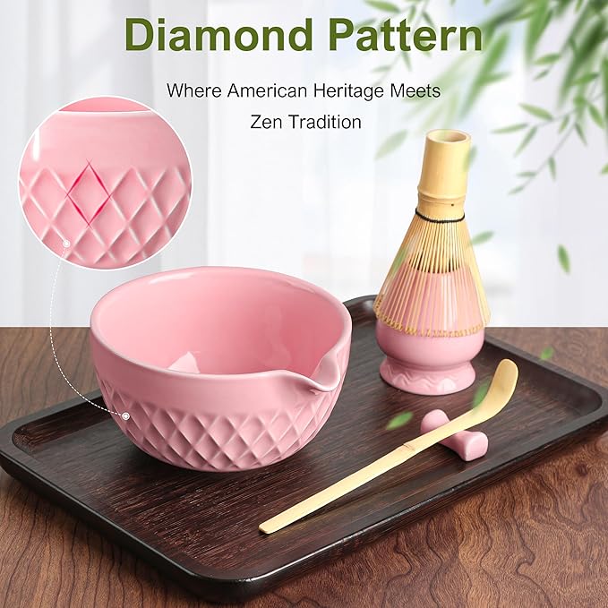 Doasuwish Matcha Whisk Set, 7 Pcs Ceramic Kit, Includes Matcha Bowl with Spout, Matcha Whisk and Holder, Bamboo Scoop, Scoop Rest, Sifter and Tea Towel (Cherry Blossom Pink)