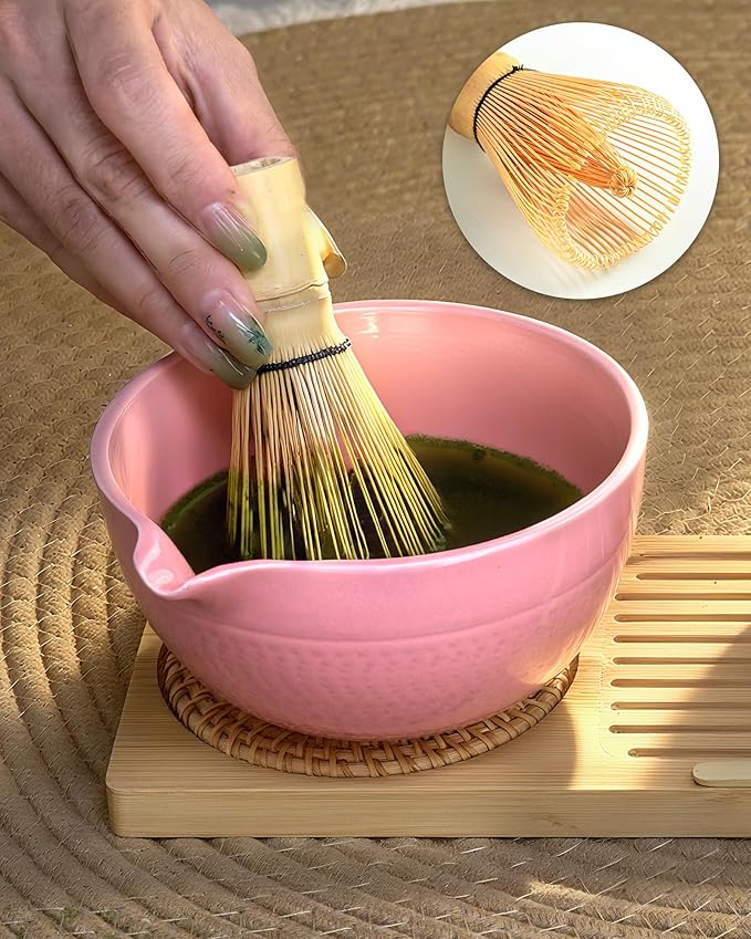 Mimiio Pink Matcha Whisk Set, 5 Pcs - Pink, Ceramic & Bamboo, Japanese Traditional Matcha, Includes Bowl, Whisk, Holder, Sifter, Scoop