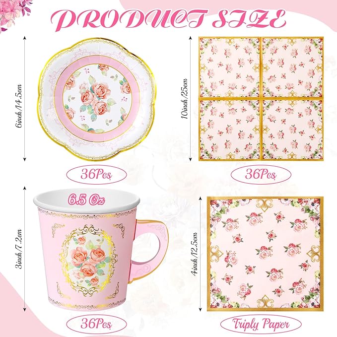Umigy 36 Sets Tea Party Decorations 6.5 oz Floral Paper Tea Cups with Plates Paper Napkins Disposable Blossom Teacups and Saucers Sets for Girls Birthday Party Supplies(Pink)