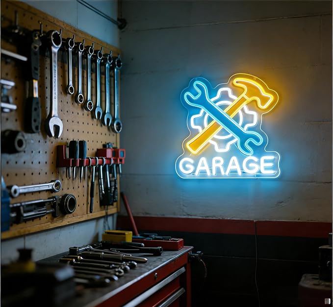 Garage LED Neon Sign, Wrench Hammer Gear Motif Accent USB Powered Decorative Neon Light for Garage Auto Shop Workshop Man Cave Wall Table Automotive Theme Decor 13.8 x 13.8 In - Image 2