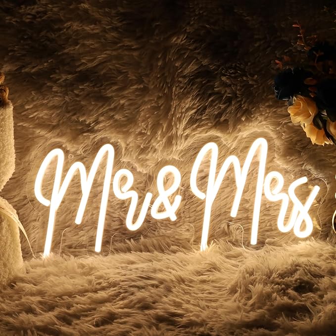 Mr and Mrs Neon Sign for Wedding Party Decoration Wedding Decor Neon Sign for Anniversary Backdrop Wall Decor Decoration Background Newlywed Gift(17 * 7.2in)