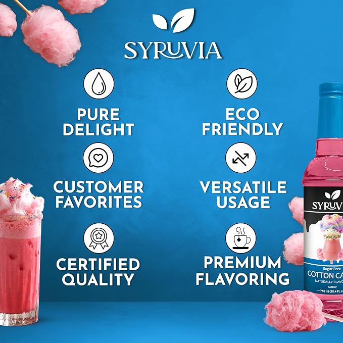 Syruvia Sugar Free Cotton Candy Flavored Syrup for Drinks, Cocktails, Lemonades, Iced Teas and Desserts – 25.4 fl oz, With Pump - Image 5