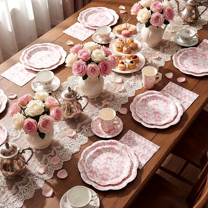 Pickmesh 252 Pcs Pink Bow Floral Tea Party Supplies for 36 Guests Flower Paper Disposable Dinnerware Flower Teacup with Handle and Saucers Set for Tea Party Decorations Birthday Baby Shower Wedding