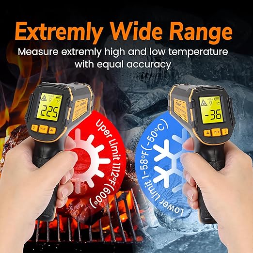 Infrared Thermometer Digital Temperature Gun Laser Meat Thermometer for Cooking, Food, Pizza Ovens, Grilling, Engine, Candy, Laser Griddle, Indoor HVAC Refrigerator Tool -58°F to 1112°F (-50℃~600℃)