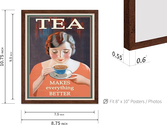 Poster Master Vintage Tea Makes Everything Better Print - Retro Food & Drink Poster - Positive Quotes Art - Gift for Women, Tea Lover - Decor for Kitchen, Teahouse - 8x10 Brown Framed