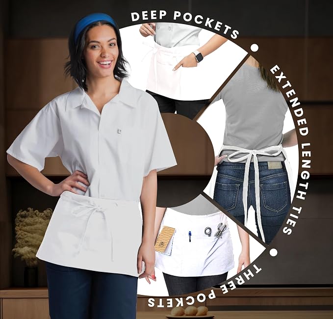 Avalon Kitchen Server Aprons with 3 Pockets, 100% Polyester Waist Apron with Pockets, 24x12 Inche Waitress Apron with Pockets - Image 3
