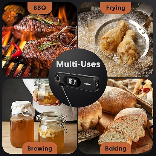 INKBIRD Dual Screen Display 0.5 Sec Rechargeable Instant Read Meat Thermometer for Cooking and BBQ, Professional 1.8mm Ultra-Fine Probe IP65 Waterproof Kitchen Thermometer with Magnets, Gill Smoker