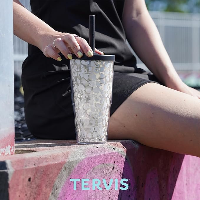 Tervis Clear & Colorful Made in USA Double Walled Insulated Tumbler Travel Cup Keeps Drinks Cold & Hot, 24oz, Gray Straw Lid