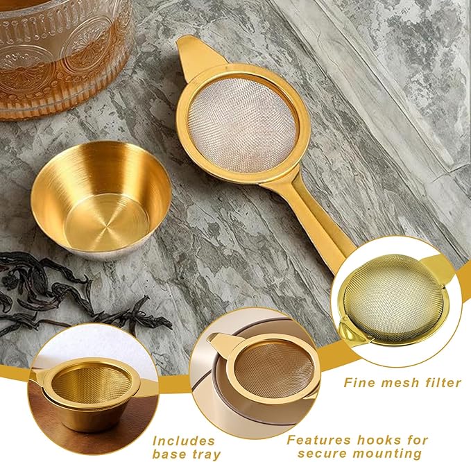 2.2" Gold Matcha Sifter,30 Fine Mesh T304 Stainless Steel Matcha,Small Sifter,Strainer With Handle And Base,Mini Strainer,Metal Tea Strainer For Loose Tea Coffee Cocktail
