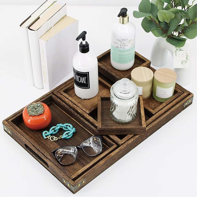 5-Piece Rustic Wooden Serving Tray Set, Handcrafted Nesting Trays with Handles for Ottoman & Coffee Table Decor, Lightweight Paulownia Wood Food Trays for Kitchen, Outdoor Picnic & Parties