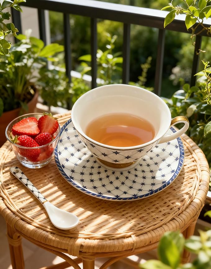 Porlien Royal Blue Star-night Porcelain 7-ounce Teacup and Saucer Set (6)