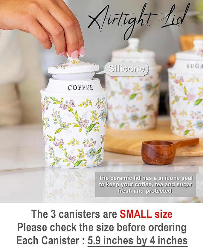 Small Coffee Tea Sugar Canister Set with Airtight Lids - Elegant Flower Kitchen Canisters Set of 3 Pantry Jars Containers - Decorative Ceramic Canister Set for Countertop or Coffee Bar - 13.5 Ounce