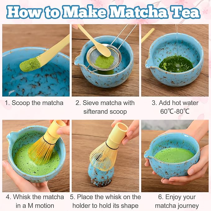 MONOJOY Matcha Whisk Set - Microwave Safe Ceramic Bowl with Spout, BPA-Free Japanese Matcha Kit with Holder & Stainless Steel Sifter, 4 PCS Gift Set