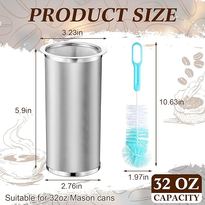 Cold Brew Coffee Filter with Brush Tea Infuser Strainer for 32 Oz/1 Quart Wide Mouth Mason Jar 304 Stainless Steel Food Grade Filter with Sealing Ring for Iced Drink Fruit Tea Coffee Maker