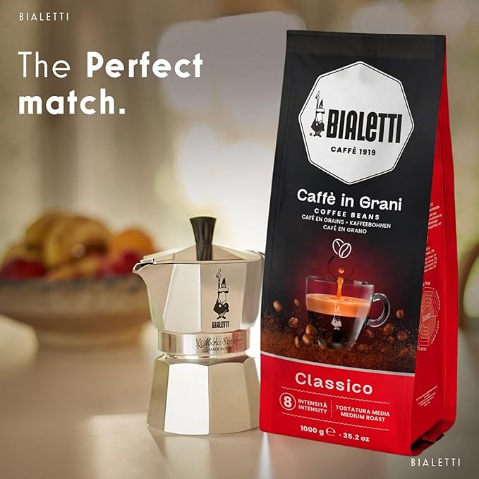 Bialetti Classico Coffee Beans, 1000g Bag - Medium Roast Intensity 8, 50% Arabica 50% Robusta Whole Bean Blend - Sweet Floral & Dried Fruit Notes For Espresso, Cappuccino & Latte Machines & Moka Pots