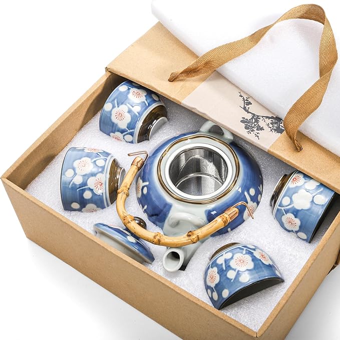 Japanese Tea Set, Ceramic Floral Tea Pot and 4 Pieces Cups with Infuser Bamboo Handle, Traditional Bone China Teapot Kit Gift for Coffee, Water, Home, Office