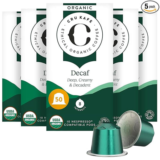 Cru Kafe Decaf USDA Organic Espresso Coffee Capsules (50 Pods) Fairtrade Coffee Pods Compatible with Nespresso Original Line and Pixie Machines
