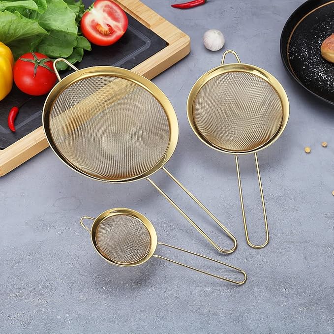 Gold Fine Mesh Strainer 3 Pieces Set, Golden Flour Sifter For Baking, Stainless Steel Clander, Gold Matcha Tea Strainer, Gravy Separator, Stasher Sieve Pasta Strainers